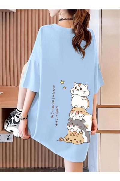 Oksit Harajuku Japanese Written Cat Design Unisex Oversize T-Shirt