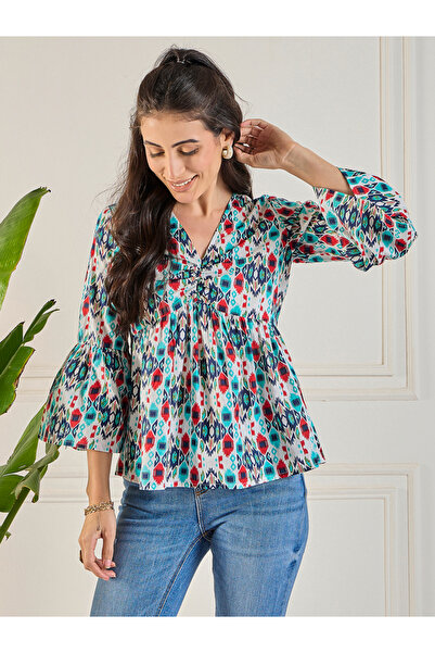 WineRed By Styli Women Cotton Ruched Neck Peplum Top
