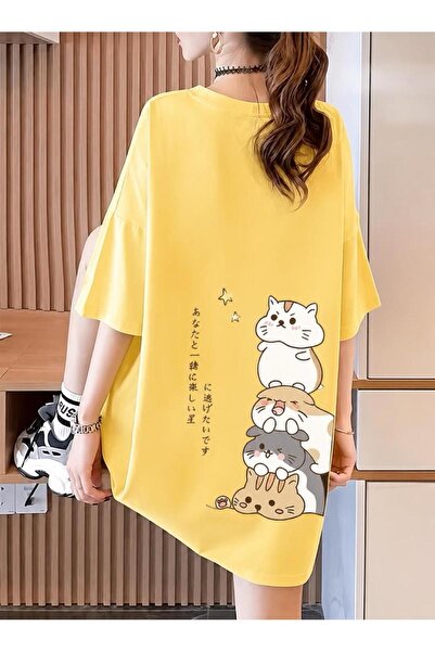 Oksit Harajuku Japanese Written Cat Design Unisex Oversize T-Shirt