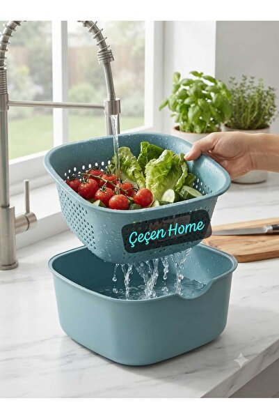 ÇEÇEN HOME (24×24 سم) طقم أوعية مزدوجة الطبقات مع مصفاة باللون الوردي - لغسل ...