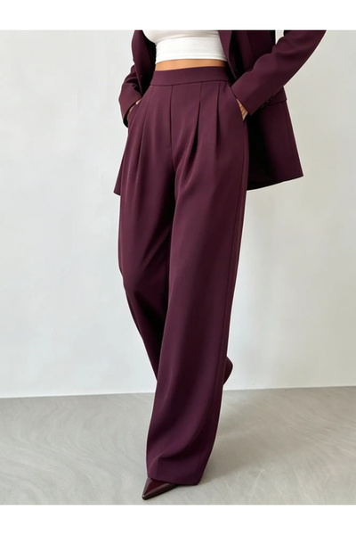 Take Two By Styli Burgundy High Rise Pleat Wide Leg Pants