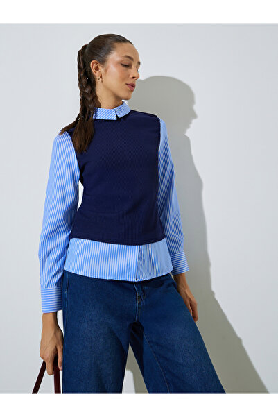 Styli Blue Striped Long Sleeve Shirt with Ribbed Knit Attached Vest