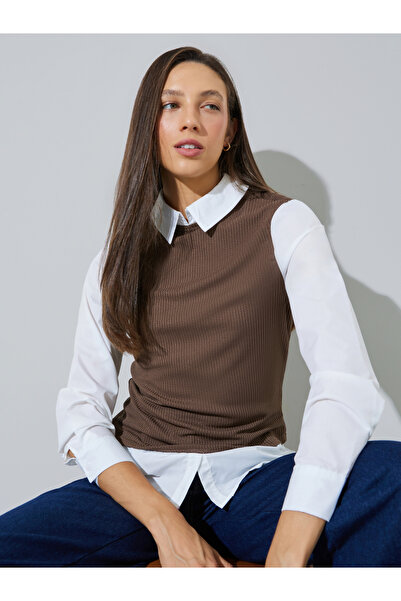 Styli White Solid Long Sleeves Shirt With Knit Brown Vest