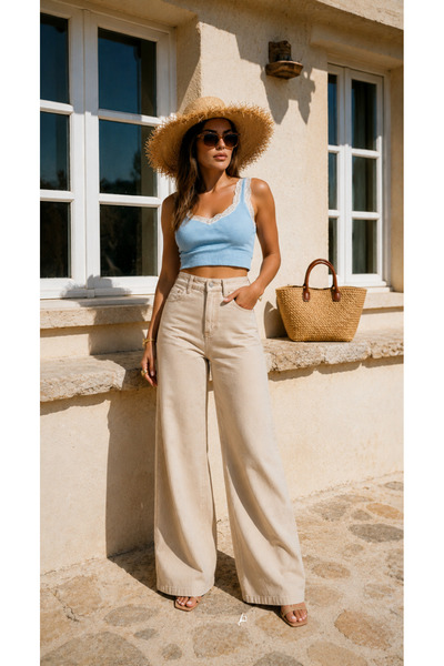 LudoWear Pantaloni palazzo din denim, cu talie înaltă, crem