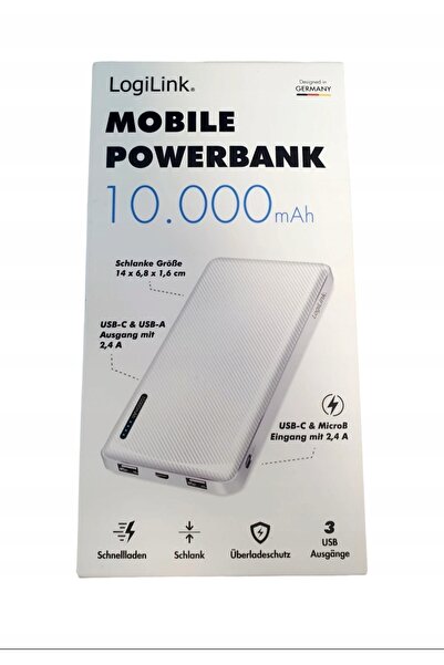 LogiLink POWERBANK 10000 mAh FAST 2 4A USB-C 2xUSB-A LED Alb