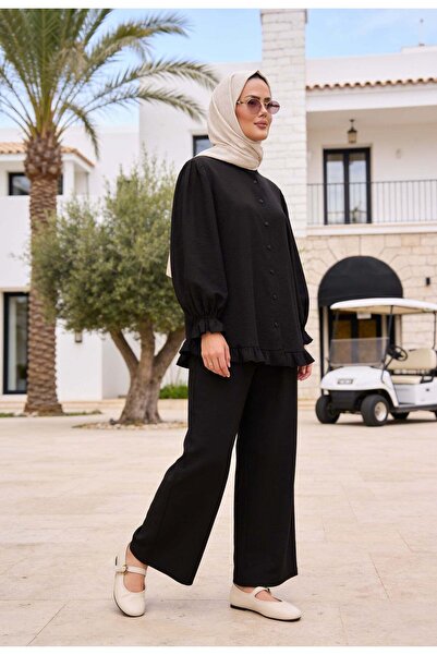 Aselim Hijap Moda Lavin Strawberry Fabric Ruffle Oversize Pants Suit-Black