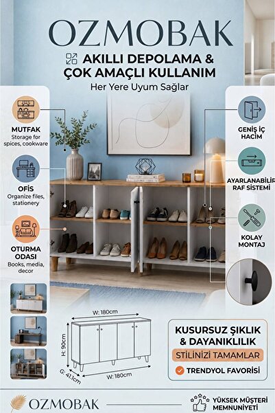 ozmobak RIO Çok Amaçlı 4 Kapaklı Aynalı/Ayarlanabilir Raflı Konsol & Ayakkabı...