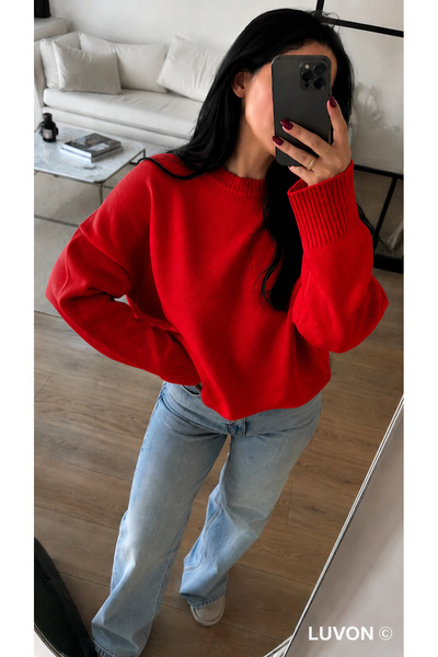 LUVON Red Crew Neck Oversize Knitwear Women's Sweater