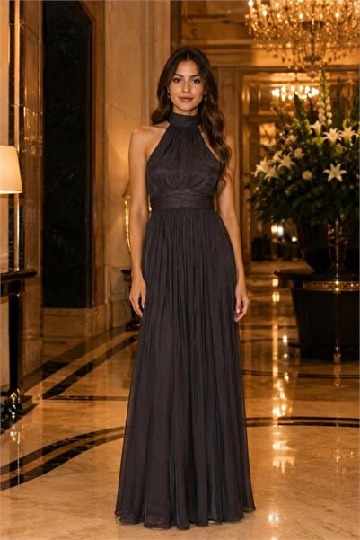 Neşeli Butik kadın acı kahve halter yaka janjan kumaş premium abiye elbise NBMY4128