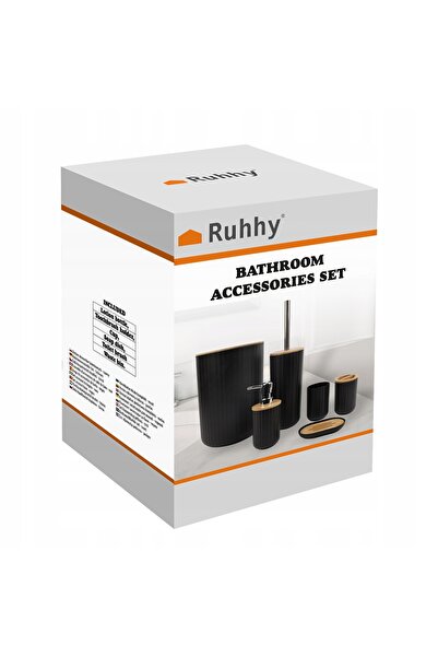 Ruhhy Set de baie negru cu 6 piese: perie de toaletă, coș, dozator, set compl...