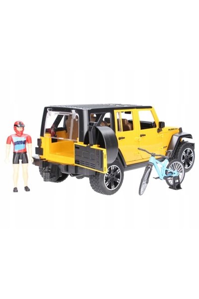 Bruder Jeep Wrangler Rubicon cu bicicletă montană și figurină ciclist 02543