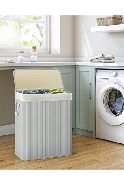 SONGMICS Coș de rufe din bambus gri deschis, cu 2 compartimente, 50 L fiecare...