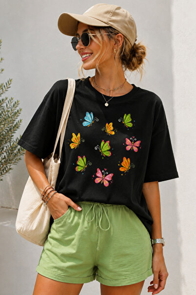 ArtYus Colorful Butterfly Printed Crew Neck Casual Unisex Oversize T-Shirt - ...