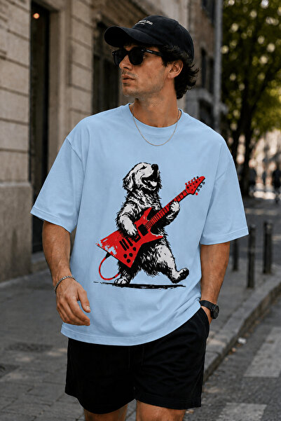 ArtYus Dog Playing Guitar Printed Crew Neck Casual Unisex Oversize T-Shirt - ...