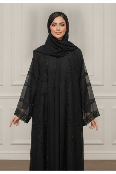 Nukhbaa Textured Organza Abaya |Organza & Crepe Mix