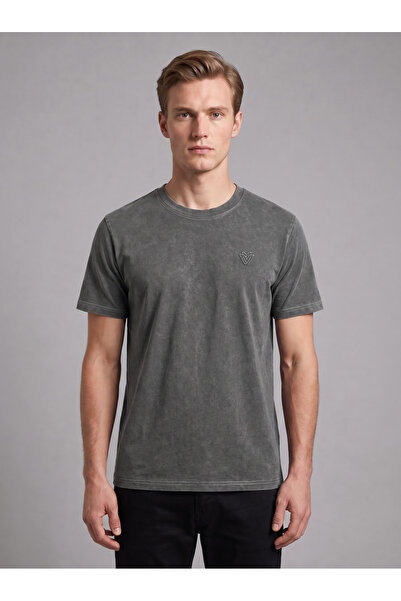 %100 Pamuk Eskitme Erkek Classic Fit Bisiklet Yaka Özel Kesim T-Shirt