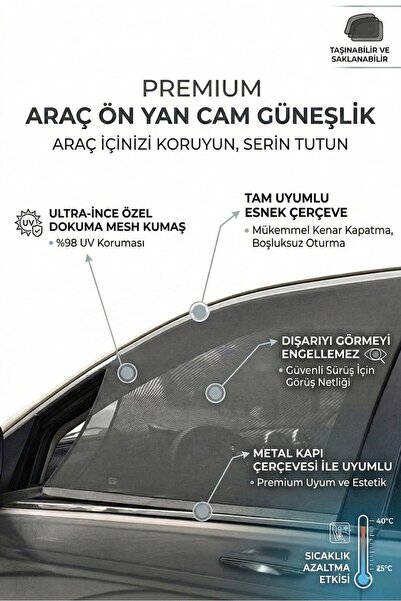 Ankanorm Araç Ön Yan Cam Güneşlik Perdesi 2 Adet, UV Korumalı Sineklik Perde
