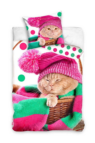 CARBOTEX Lenjerie de pat din bumbac 140x200 Pisicuță cu o pălărie roz