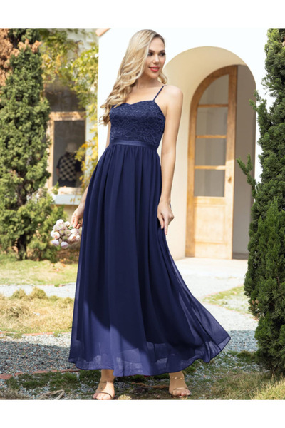 Dotail Women's Long Evening Dress, Size M, Thin Straps, Lace and Chiffon, Nav...