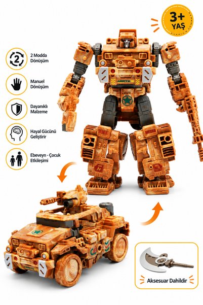 craftivio Dönüşen Robot ve Askeri Jip Oyuncak 2'si 1 Arada Kamuflaj Renkli Öz...