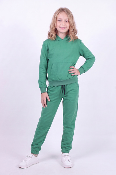 FYK KİDS Girl's Plain Kangaroo Pocket Hooded Tracksuit Set