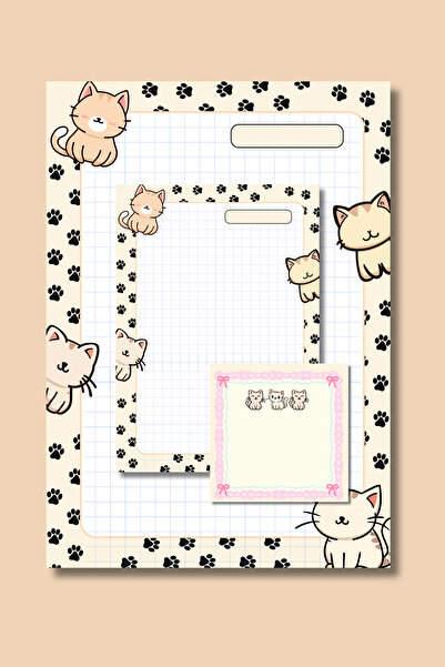 pnkycrco Kareli Kedi Desenli 3'lü Planlama Seti | A5 ve A6 Notepad | 10x10 cm...
