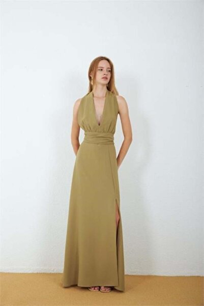 Dipmoda Women's Green Slit Halter Neck Backless Tie Detailed Maxi Dress Dpmy4133
