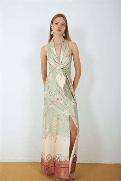 Dipmoda Women's Green Satin Fabric Slit Floral Pattern Tie-Up Maxi Dress Dpmy...