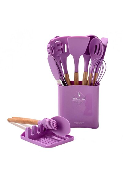 Generic Set 11 Ustensile de Gătit din Silicon și Lemn, cu Suport, Violet
