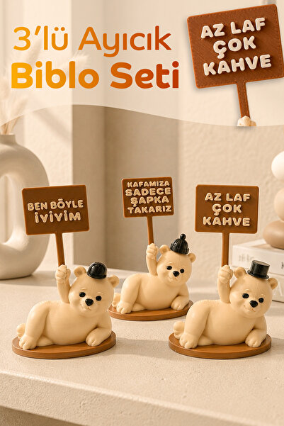 Decoroom Sevimli Ayıcık Figürü Biblo Seti 3lü Kahve Köşesi Aksesuarları Masa ...