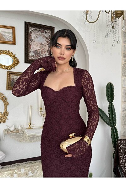 Moda Days Γυναικείο μίντι φόρεμα από δαντέλα σε χρώμα δαμασκηνί, με λαιμόκοψη...