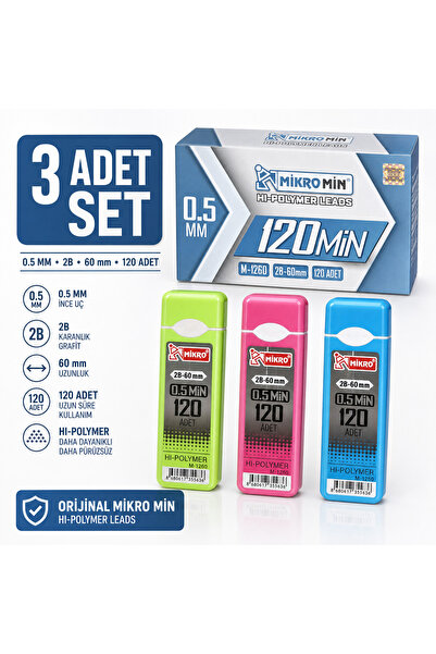 Mikro Min 0.5 mm 2B 60 mm Hi-Polymer Kalem Ucu 120’li – 3 Adet Set M-1260 MAV...