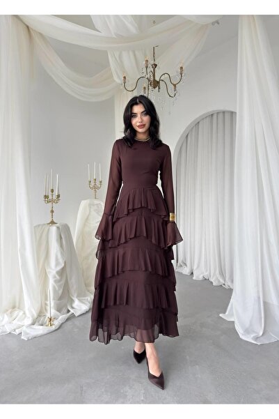 Clothes Fast Women's Brown Midi Dress with Crew Neck, Transparent Sleeves, La...