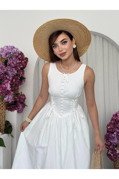 Moda Days Women's White Midi Dress Lace-Up Gathered Buttoned Sleeveless Poplin