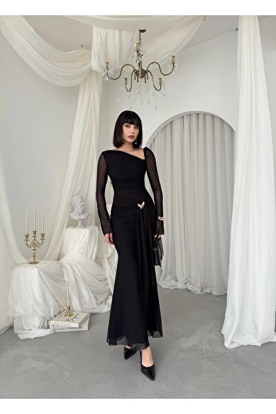 Clothes Fast Women's Black Asymmetrical Collar Draped Brooch Detailed Tulle L...