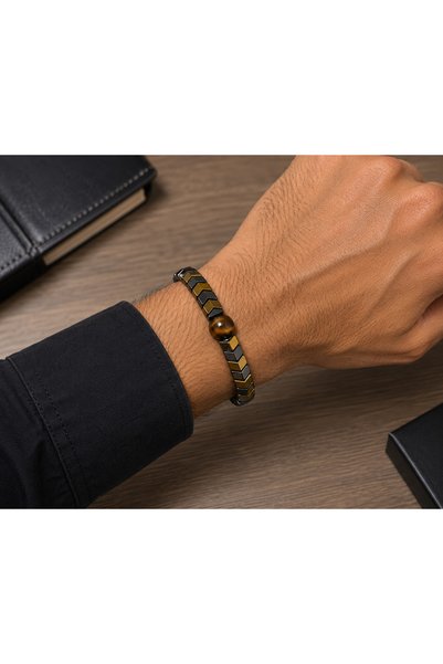 Bymiel Tiger's Eye Natural Stone Detailed Hematite Stone Elastic Bracelet