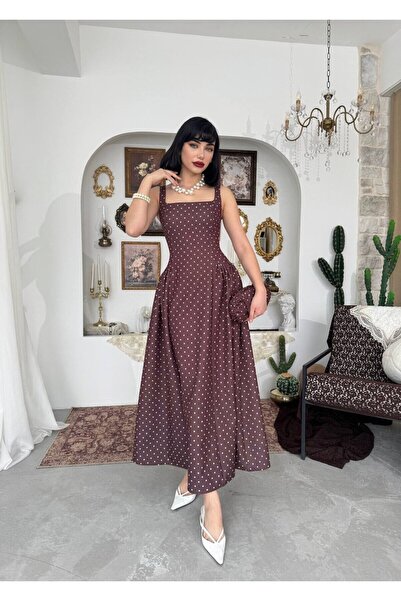 Clothes Fast Women's Brown Polka Dot Strappy Square Neck Fitted Waist Midi Dress