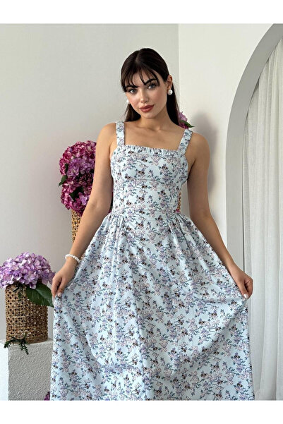 Clothes Fast فستان نسائي متوسط الطول بياقة مربعة وحزام مزين بالزهور باللون ال...