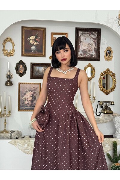 Moda Days Women's Brown Polka Dot Strappy Square Neck Fitted Waist Midi Dress