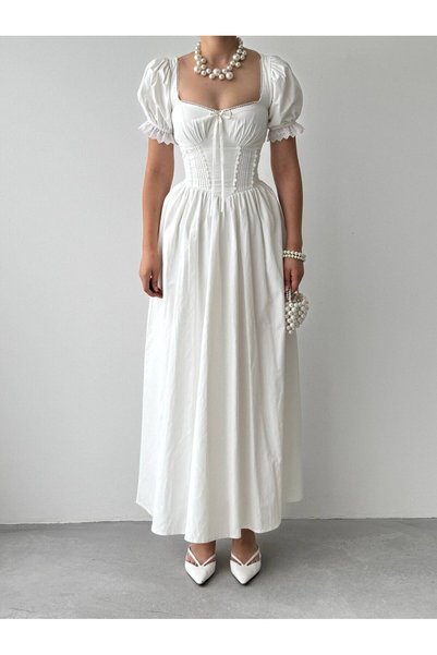 Clothes Fast Kadın Beyaz Midi Elbise Kare Yaka Balon Kollu Fiyonk ve Dantel Detaylı Poplin