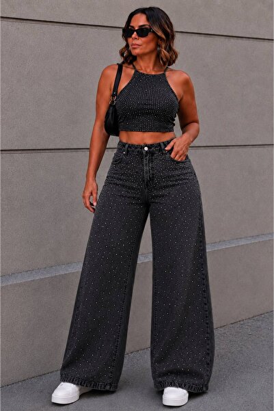 nd jeans 44-52 Size Stretchy Lycra Wide Leg Jeans with Spaced Stones