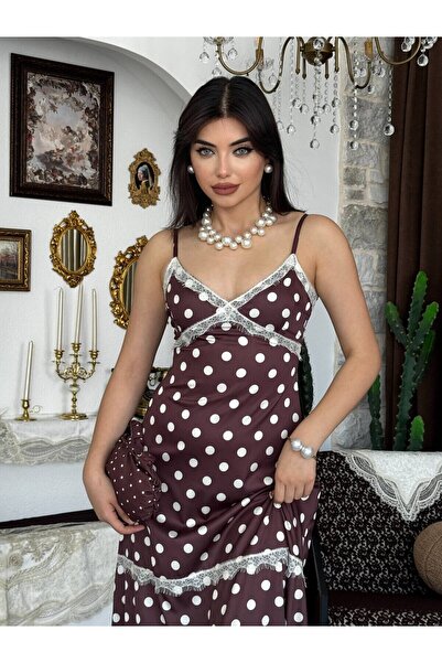 Clothes Fast Rochie maxi din satin, maro, cu bretele din șnur, cu dantelă cu ...