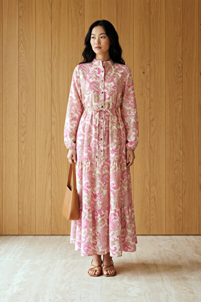 MODAQU Patterned Polycotton Half-Buttoned Long Dress - Pink