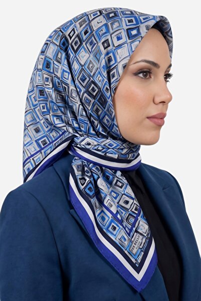 hadiora Women's Blue Geometric Patterned Stitched Writing Cotton Casual Scarf