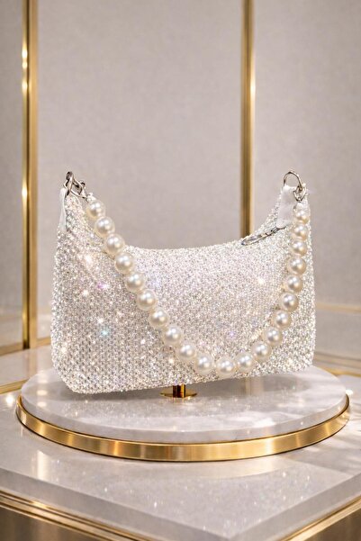 Katusa Women's Pearl White Sparkling Mesh Knitted Chain Hand and Shoulder Bag