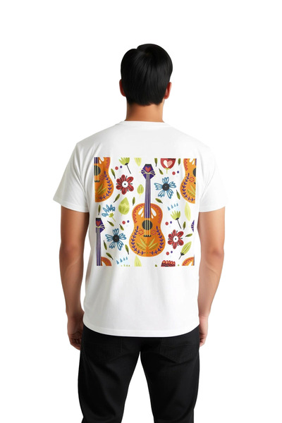 PayBuy Men's Music Themed Guitar Printed T-Shirt Floral Motif Art Patterned R...