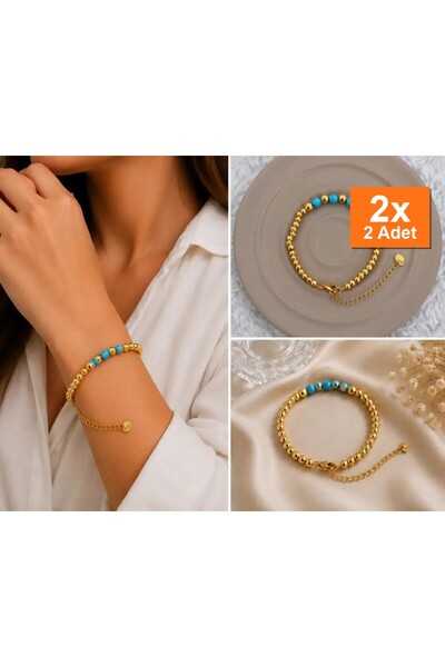 Bozhi Turquoise Stone Detailed Gold Color Beaded Bracelet Gold Jewelry Steel ...