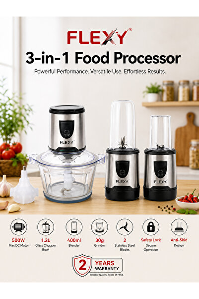 flexy ® 3-in-1 Food Processor, 500W Max DC Motor, 1.2L Glass Chopper, 400ml B...