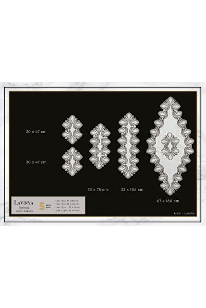 Ceki Home Lavinya Model Krem-Krem 5 Parça Keten Dantelli Salon Takımı Runner ...