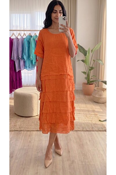 Juste Boutique Turuncu Takım Görünümlü Keten Elbise